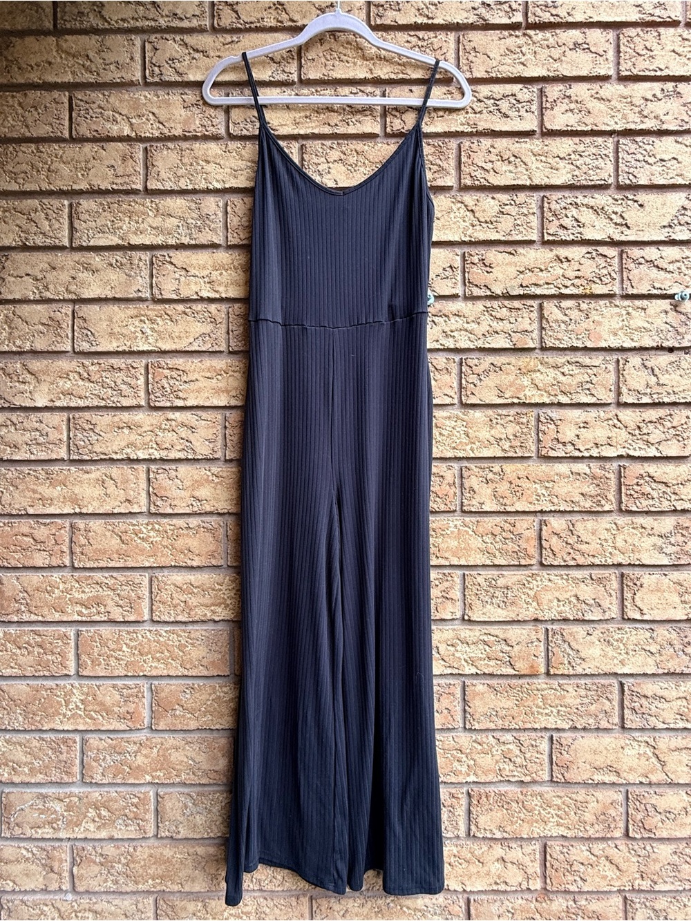 Retrod Black Spaghetti Strap Ribbed Wide Leg Jumpsuit